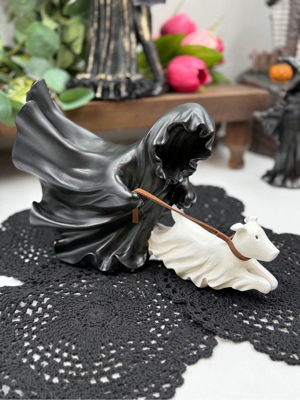 halloween ghost reaper walking running dog figurine spooky viral decor
